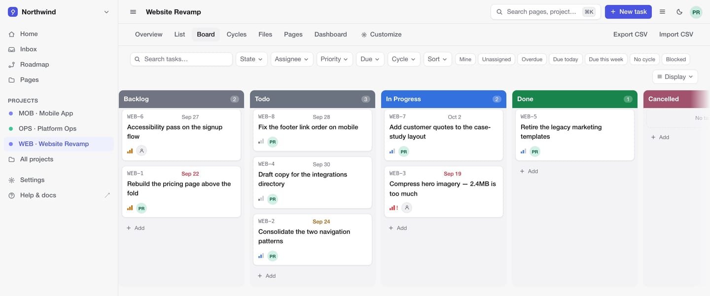 A ScopeKite project board with Backlog, Todo, In Progress, Done and Cancelled columns, each headed by a solid colour band, and task cards showing identifiers, due dates, priority and assignee.