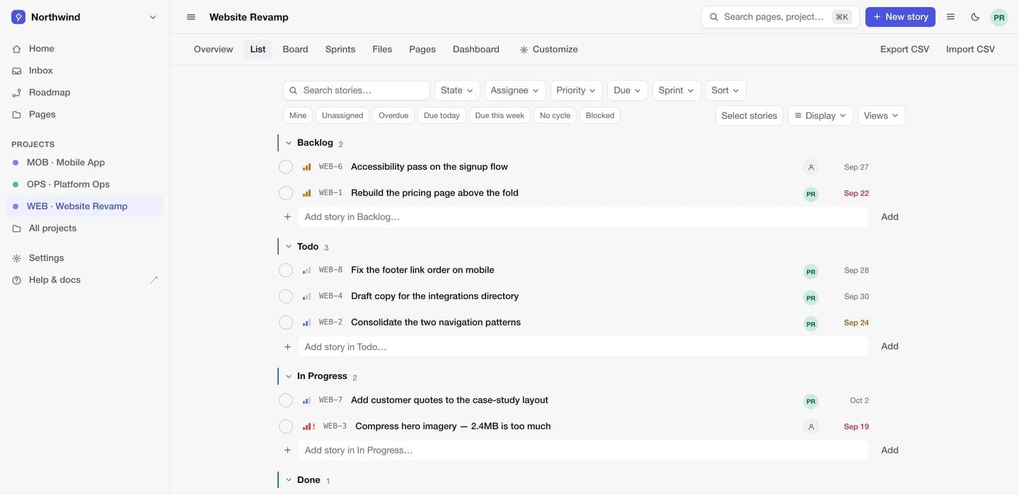 The same project list in an agile vocabulary: a New story button, a search box reading Search stories, a Sprints tab and a Sprint filter.
