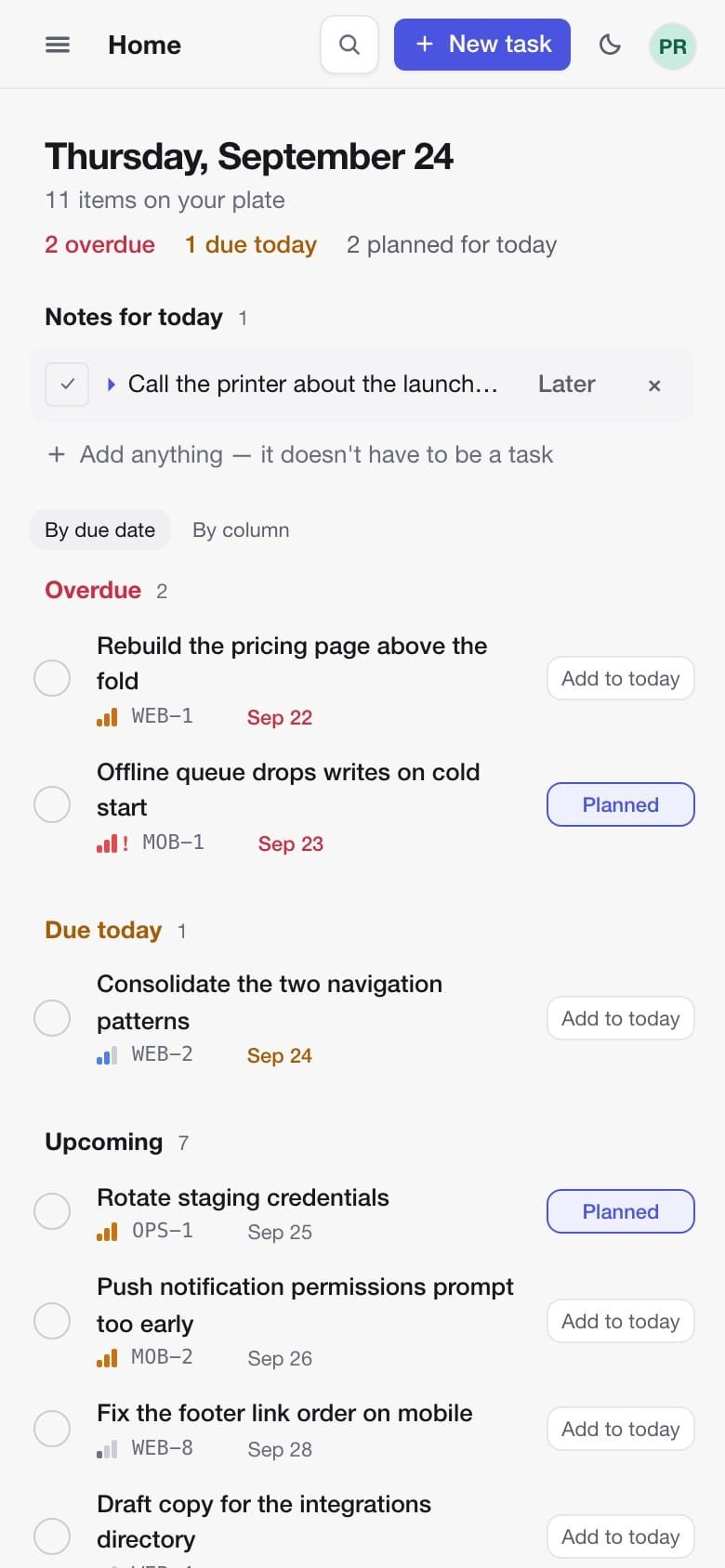 The web app’s Home at phone width: today’s date, counts of overdue and due work, a note for today, and the day’s tasks in rows with an Add to today button.